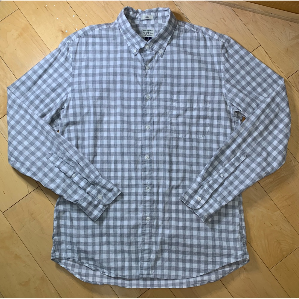J. Crew mens large slim fit secret wash white + gray check button up long sleeve